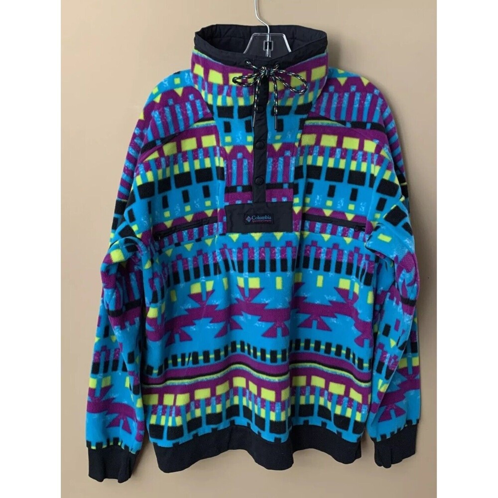 COLUMBIA Fleece Coat Sz Large Colorful High Neck Zip Pockets Aztec Print NWOT B7